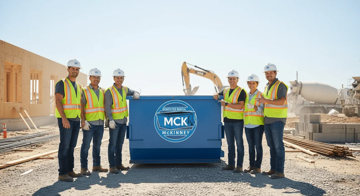 Meet the MCK Dumpster Rental Team - McKinney, TX Five members of the MCK Dumpster Rental crew standing beside a loaded dumpster on a McKinney construction site